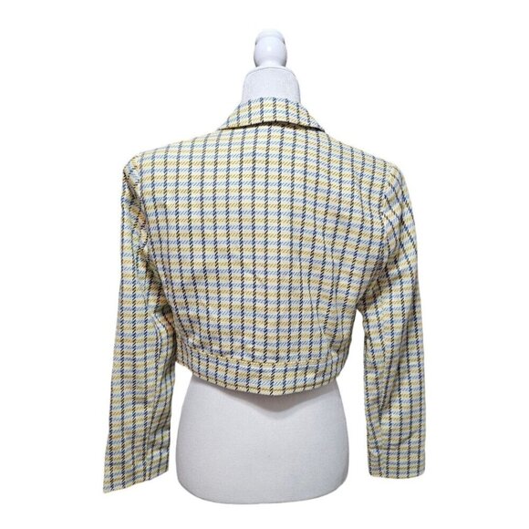 NWT ASOS yellow & blue short plaid cropped blazer with pearl accents size 8 - Picture 3 of 10